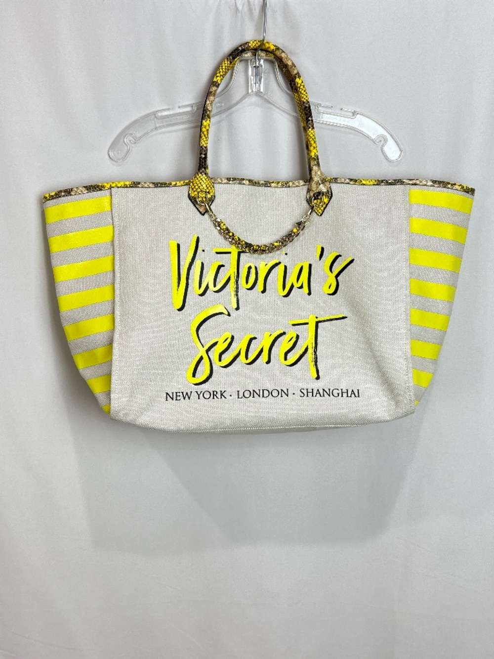 Victoria's Secret Canvas/Neon Yellow Stripe/Snake Print Beach Tote Bag NWOT